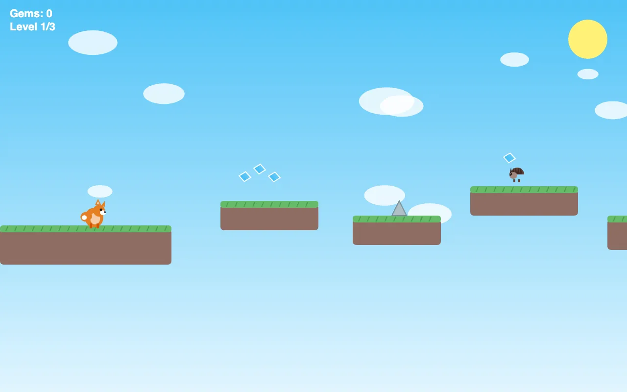 Side-scrolling fox platformer with floating grass islands, gems and spikes