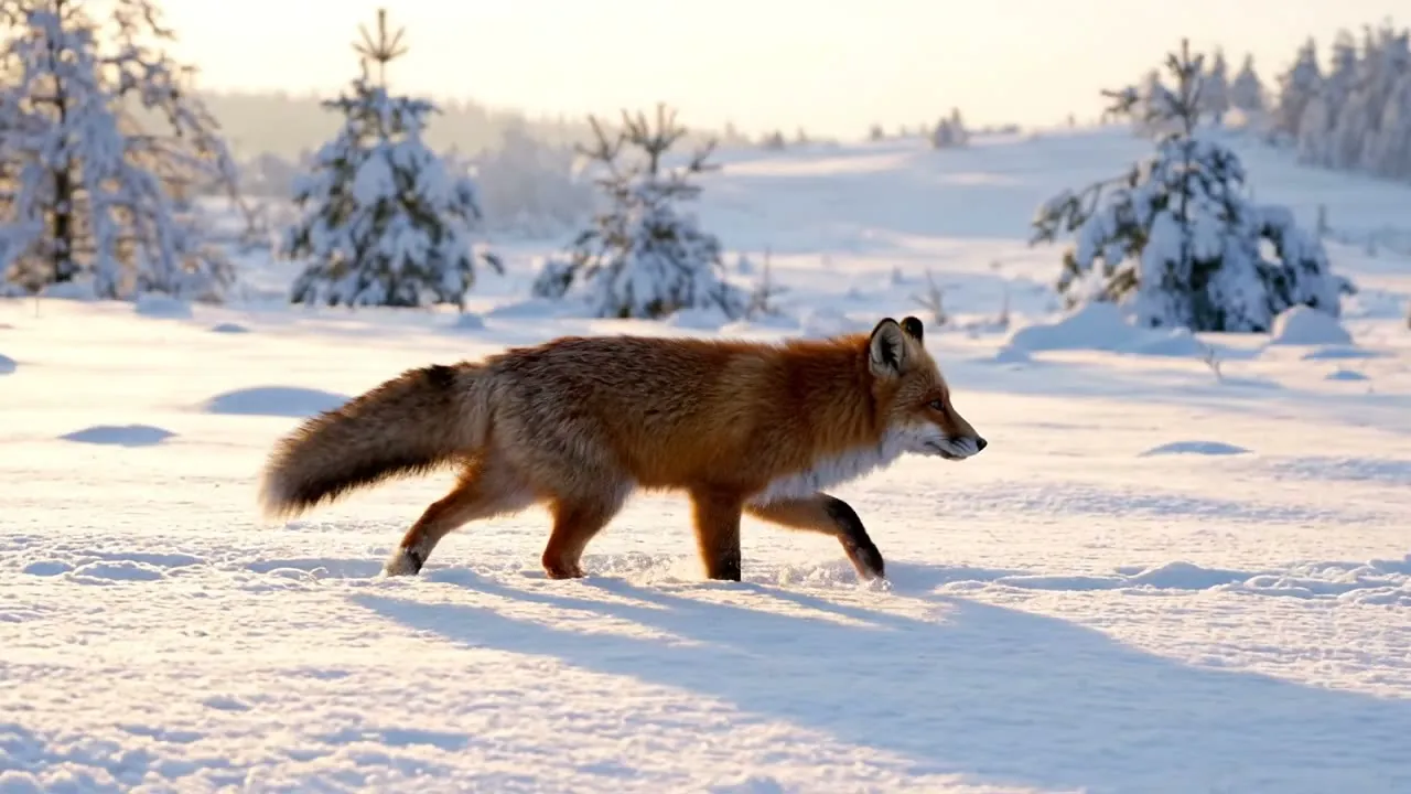 Red fox trotting through snow at sunrise, a still from a slow tracking shot