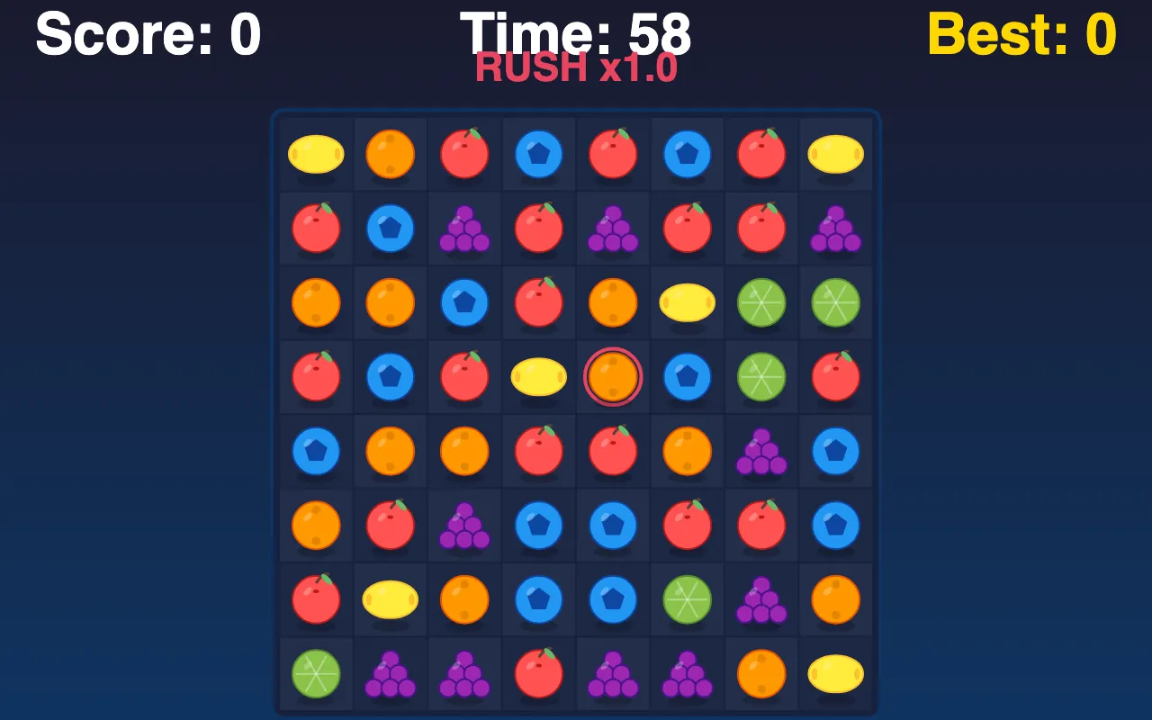 Fruit match-3 puzzle on an 8 by 8 board with a countdown timer and score