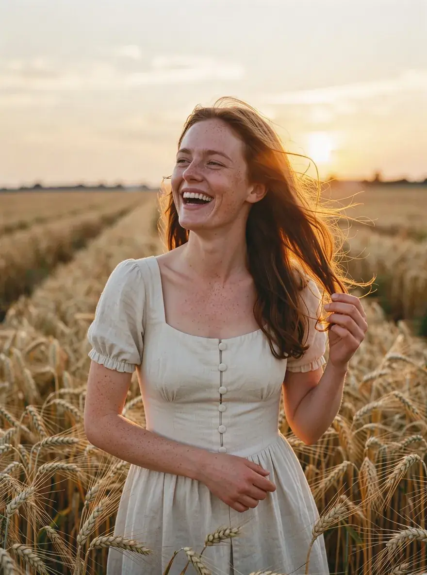 Image prompt generator example: golden hour portrait in a wheat field made with Flux 3