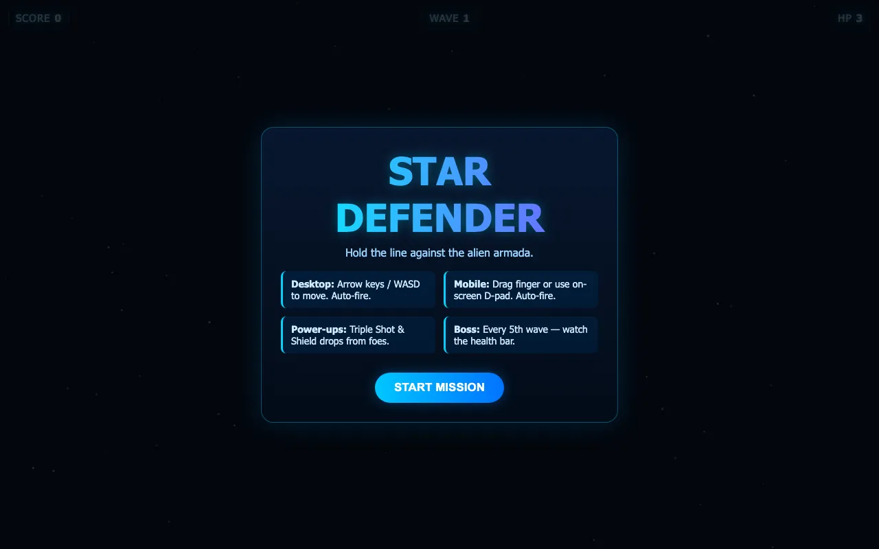 Game idea generator example: title screen of Star Defender, a space shooter, listing its controls, power-ups and boss waves