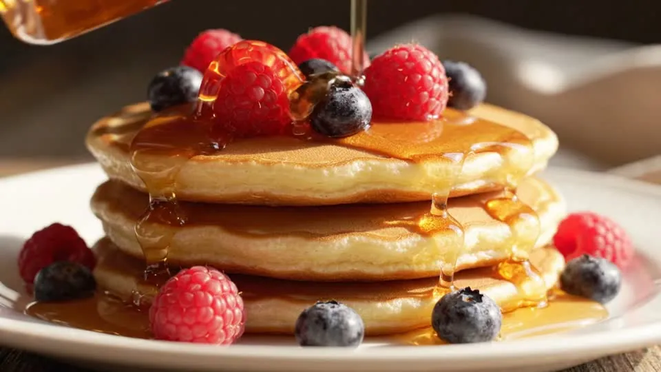 Slow-motion maple syrup pouring over pancakes with berries, a food close-up clip